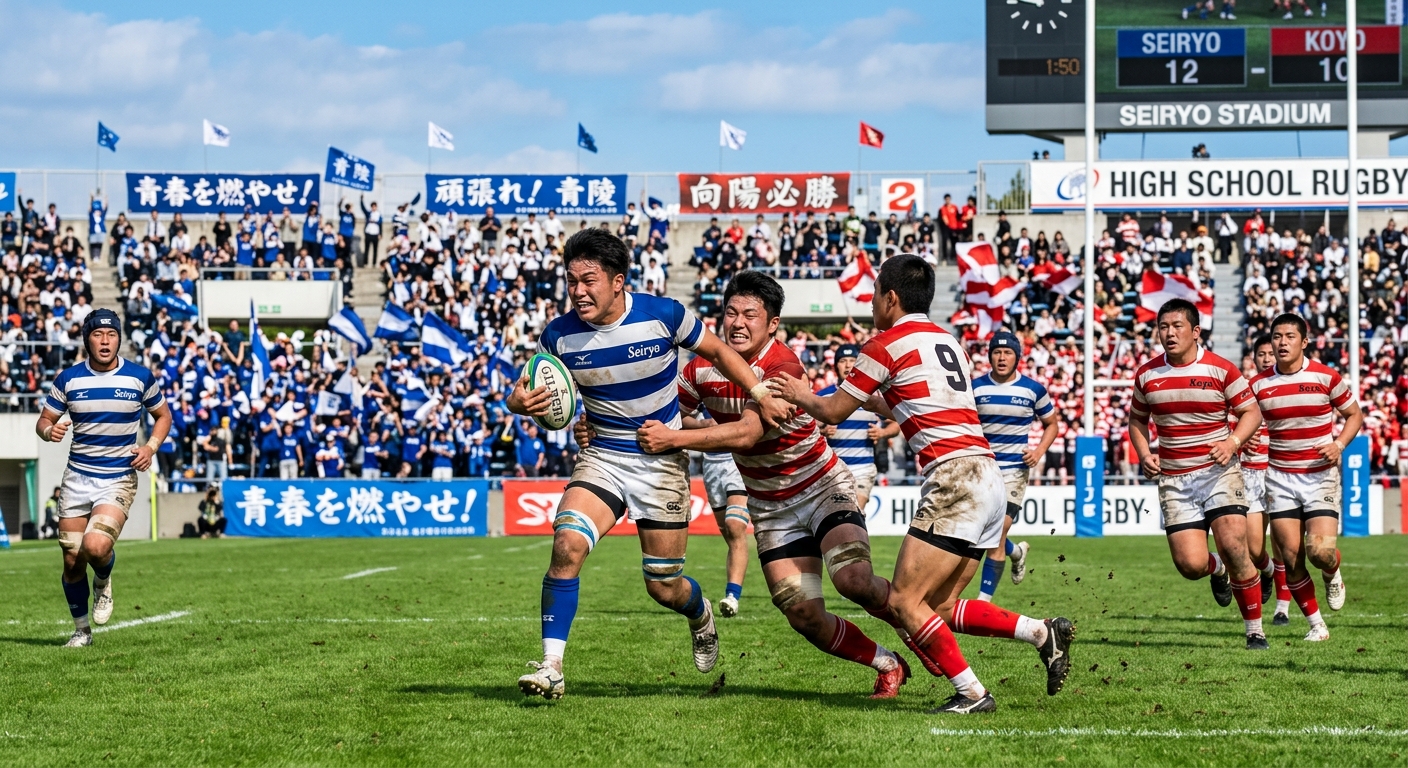 青空の下、ラグビー試合中の選手たちが緑の芝生で全力を尽くす。観客の熱気が伝わるスタジアム。
