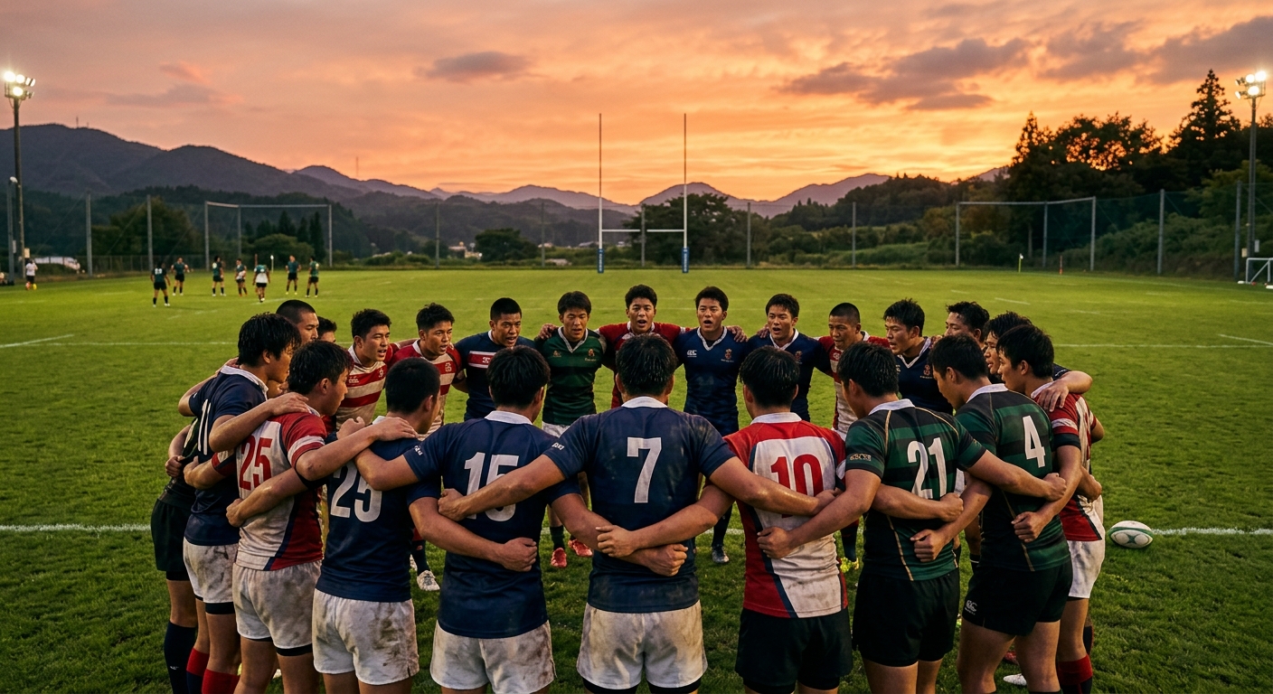 夕日に染まるラグビー場で、高校生チームが試合前の練習をし、円陣を組むエネルギッシュな姿。