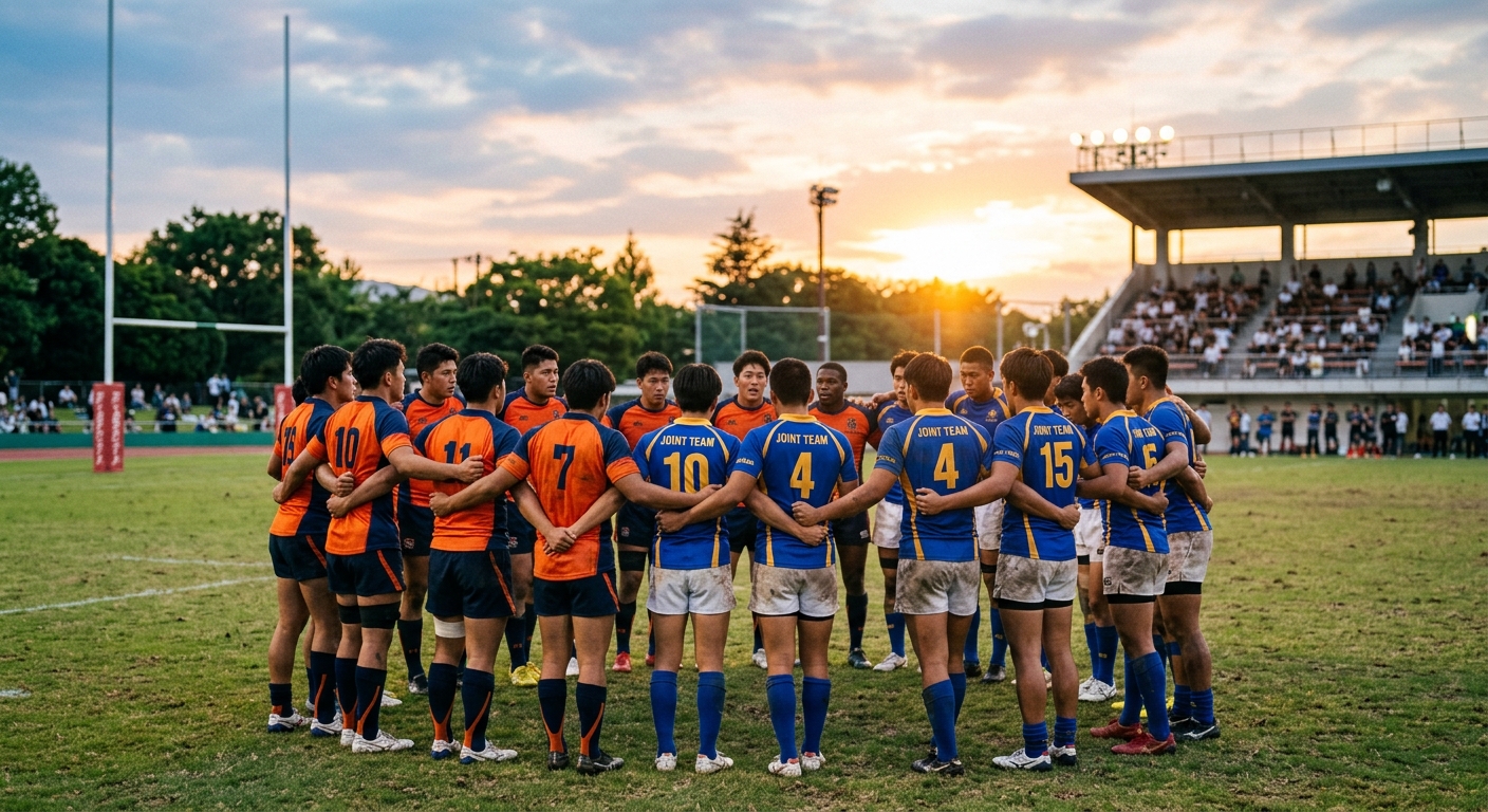 夕暮れの校庭で高校ラグビー選手たちが円陣を組み、団結と情熱を示す感動的な瞬間。