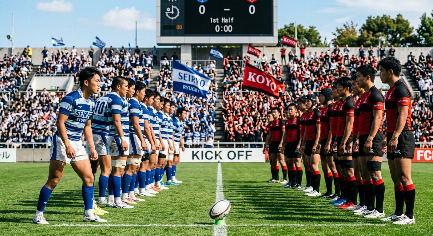 晴天のラグビー場で試合開始前に整列する高校生チーム、緊張感と期待感が漂う。