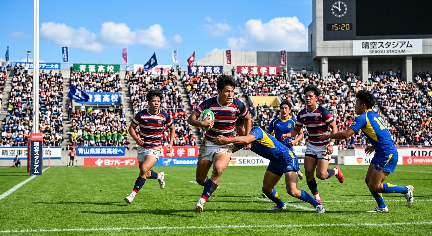 青空の下、スタジアムで高校ラグビーの試合。選手たちが緑の芝生で躍動し、鮮やかなユニフォームが映える。