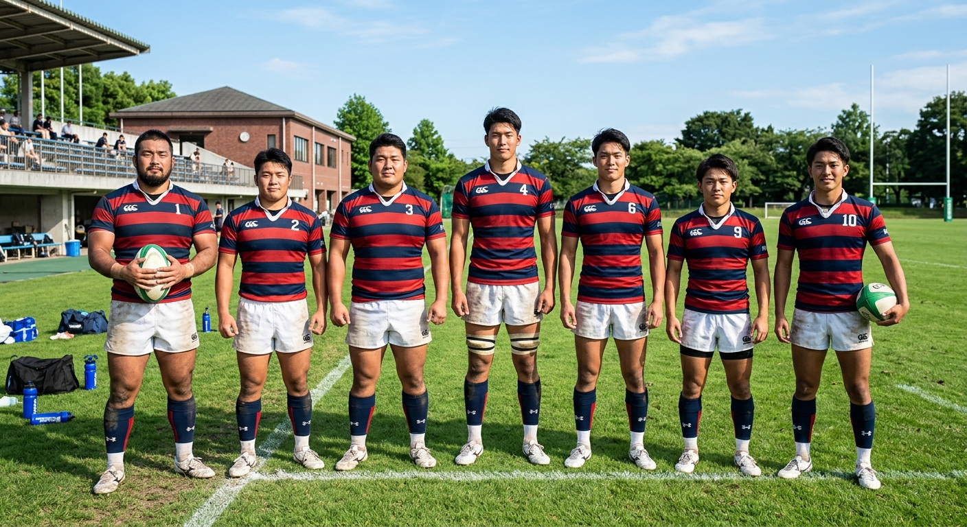 晴れたラグビーグラウンドで、高校ラグビー選手たちが一列に並び、自然光が選手たちを照らしている。