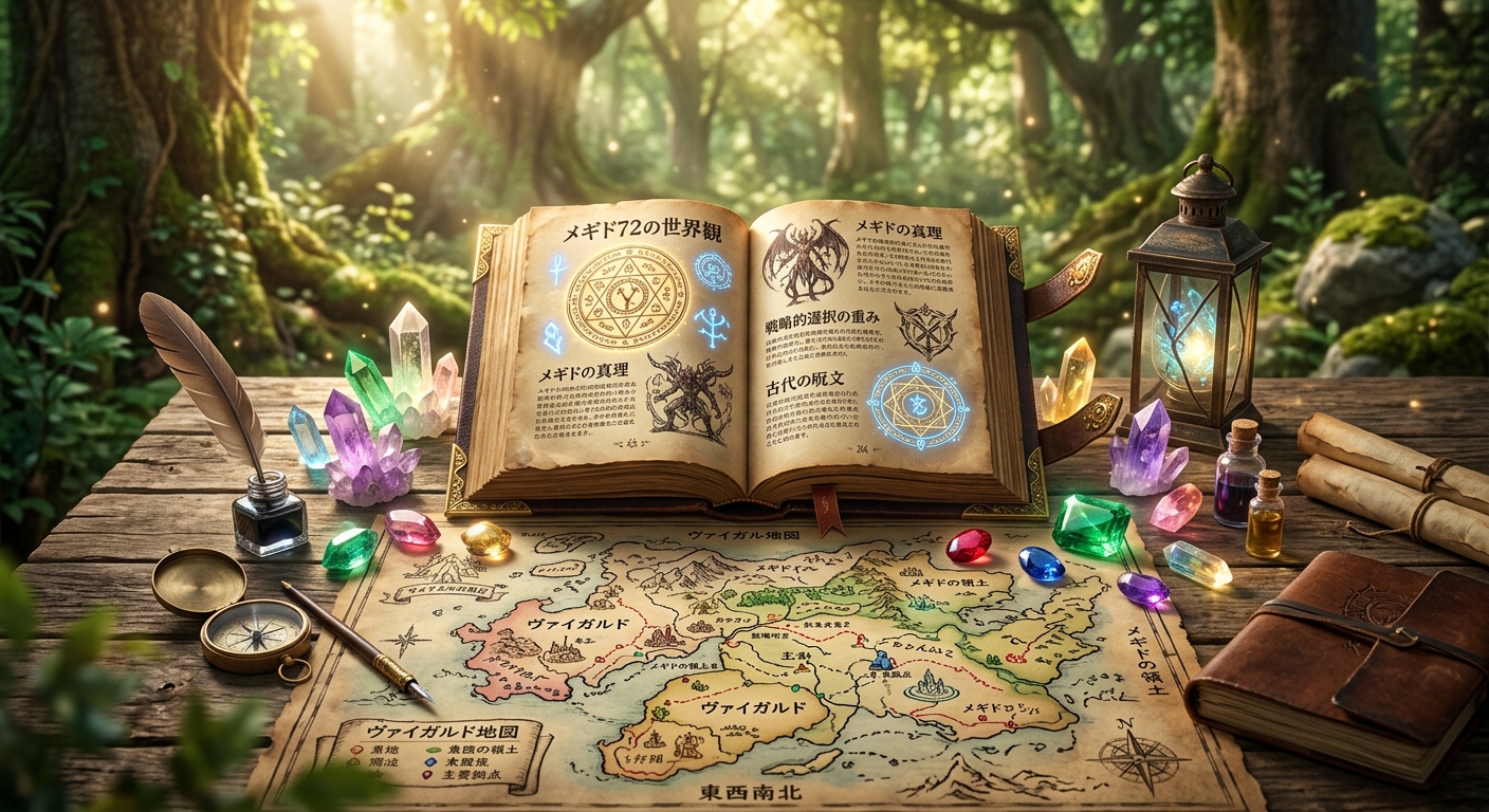 木漏れ日の中、魔法の書が開かれたテーブルにクリスタルと古代の地図が広がる幻想的なシーン。
