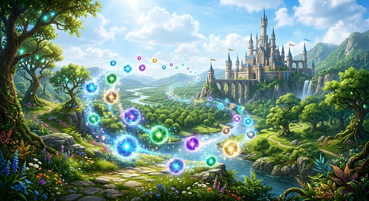 幻想的なファンタジー世界で、色とりどりの魔法のオーブが浮かぶ。背景に壮大な城と緑豊かな森。