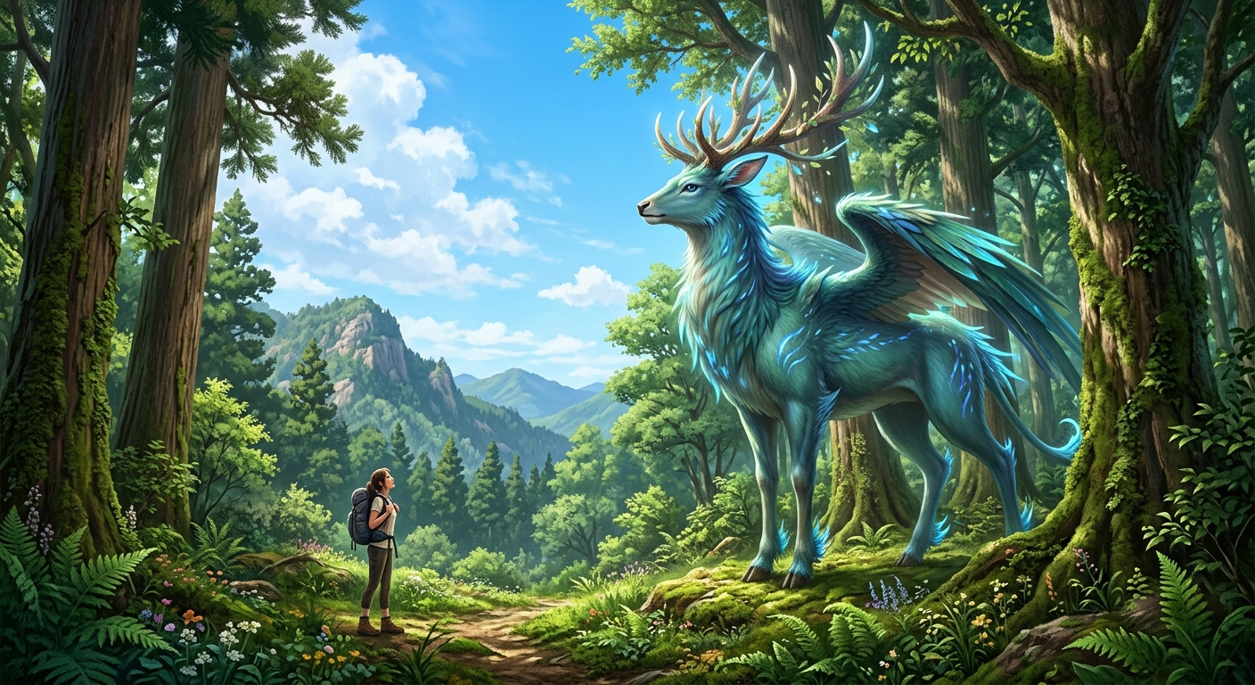 緑豊かな森林で巨大な幻獣が立つ幻想的なシーン。明るい自然光と青空が広がる。