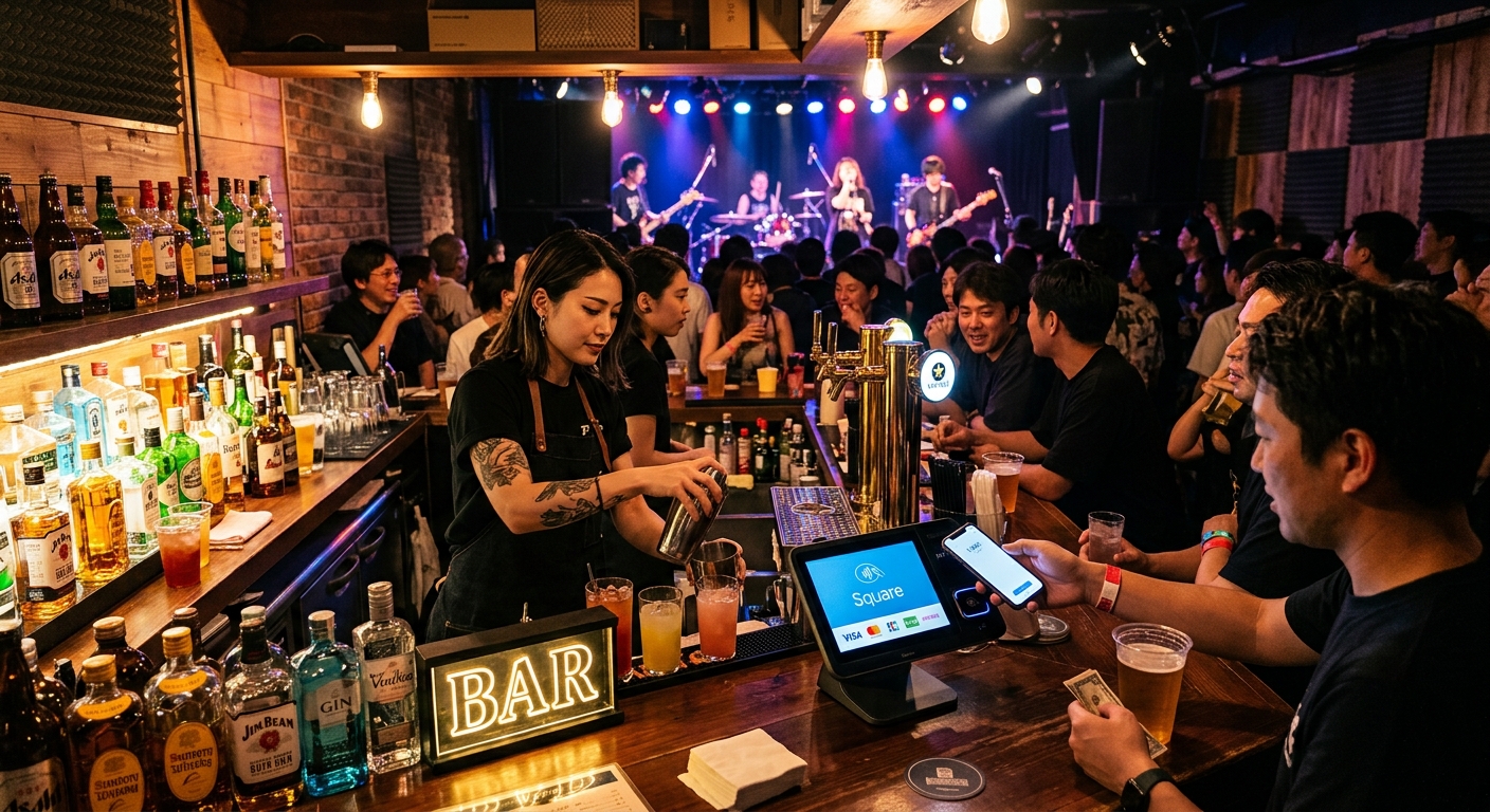 ライブハウスのバーエリア、色とりどりのドリンクとライブステージの薄暗い照明がムードを演出。
