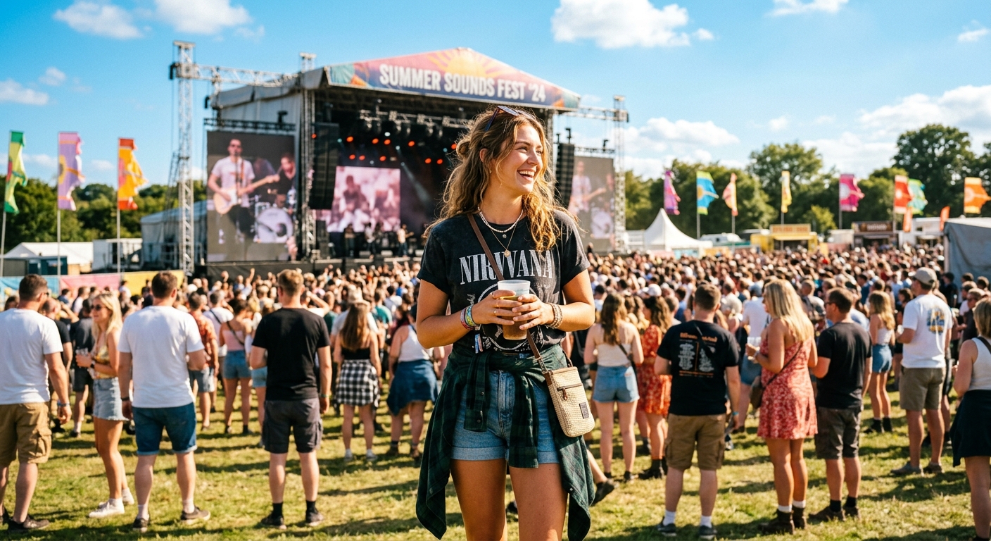 夏の野外フェスで音楽を楽しむ若い女性、背景にステージと観客、明るい自然光が包む。