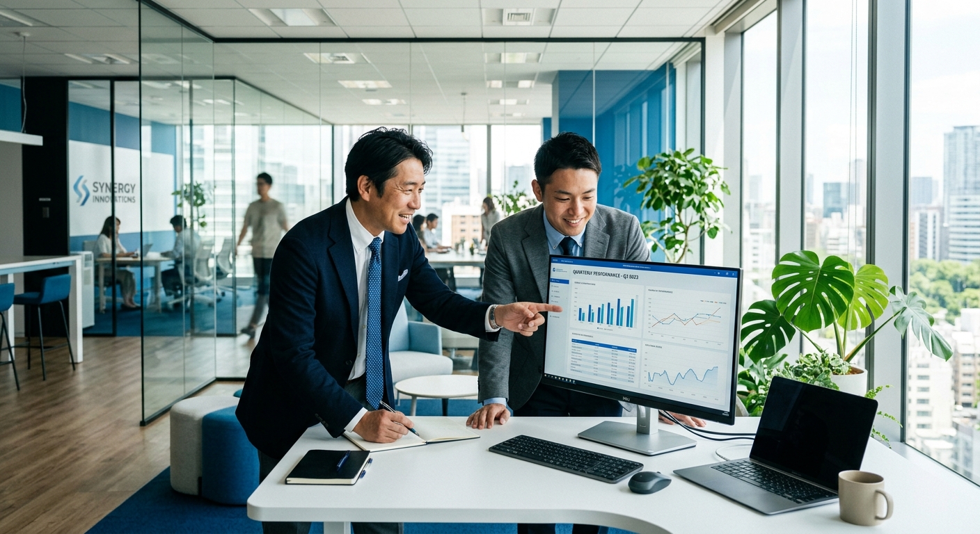 明るいオフィスで二人のビジネスマンがコンピュータを見ながら議論、自然光が差し込み、観葉植物が配置されている。