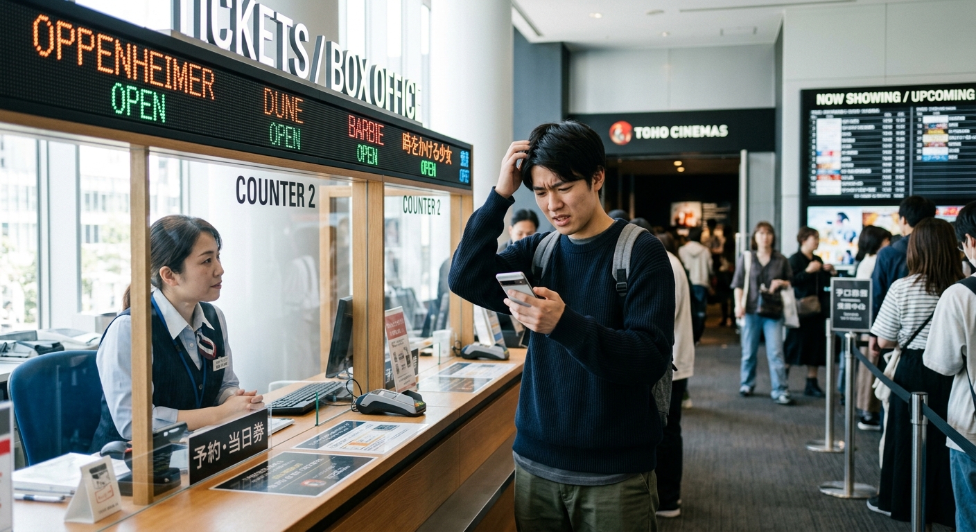 スマートフォンを手に持ち、困惑した表情の若者が劇場のチケットカウンター前に立つ。