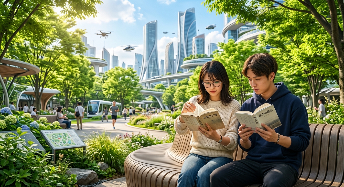 近未来の公園で若い男女が小説を読む、緑豊かな風景と高層ビルが背景に広がるシーン。