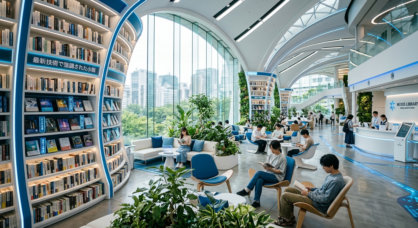 未来的な図書館の内部、ガラス壁から自然光が差し込み、最新技術の小説が並ぶ。青と白のモダンなデザイン。