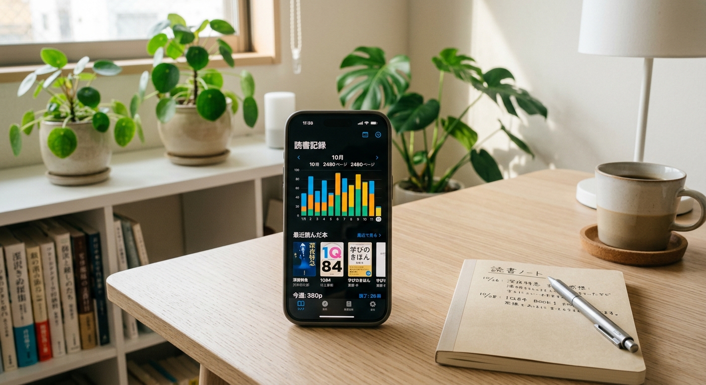 スマートフォンにカラフルなグラフと読書記録アプリが表示された明るいオフィスの机。