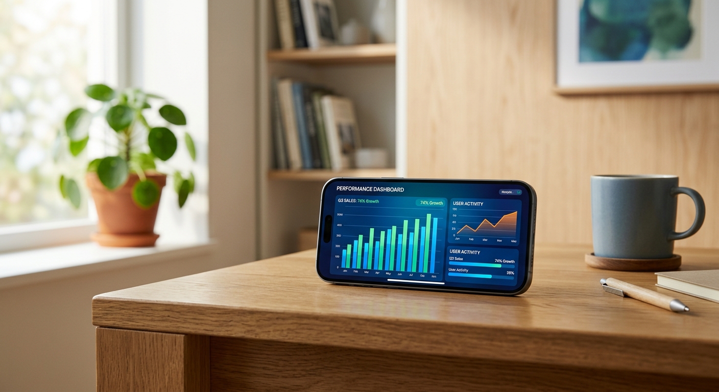 木製の机上のスマートフォンに鮮やかなグラフが表示され、自然光が差し込む洗練されたインテリア。