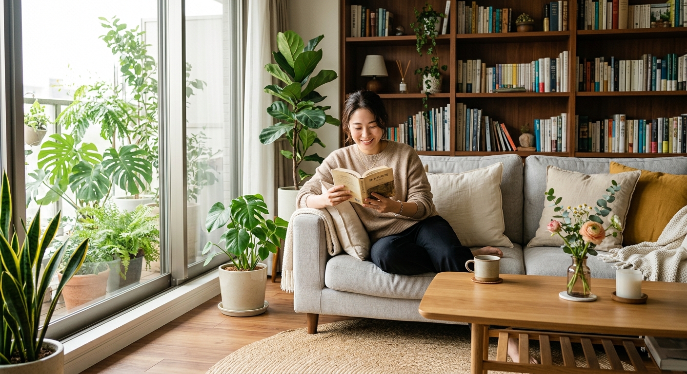 明るいリビングで本を読む女性、自然光が差し込み、観葉植物と本棚がある。