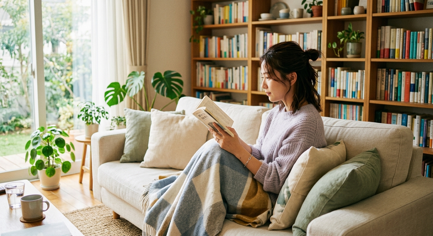 明るいリビングで本を読む女性の横顔、自然光が差し込む。