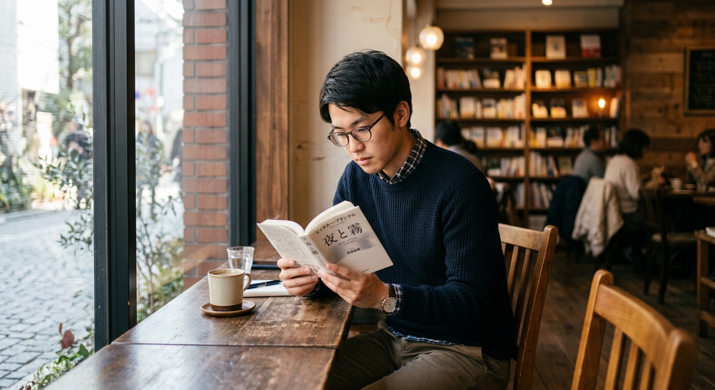 窓際のカフェで若い社会人が本を読む、自然光が差し込む静かなシーン。