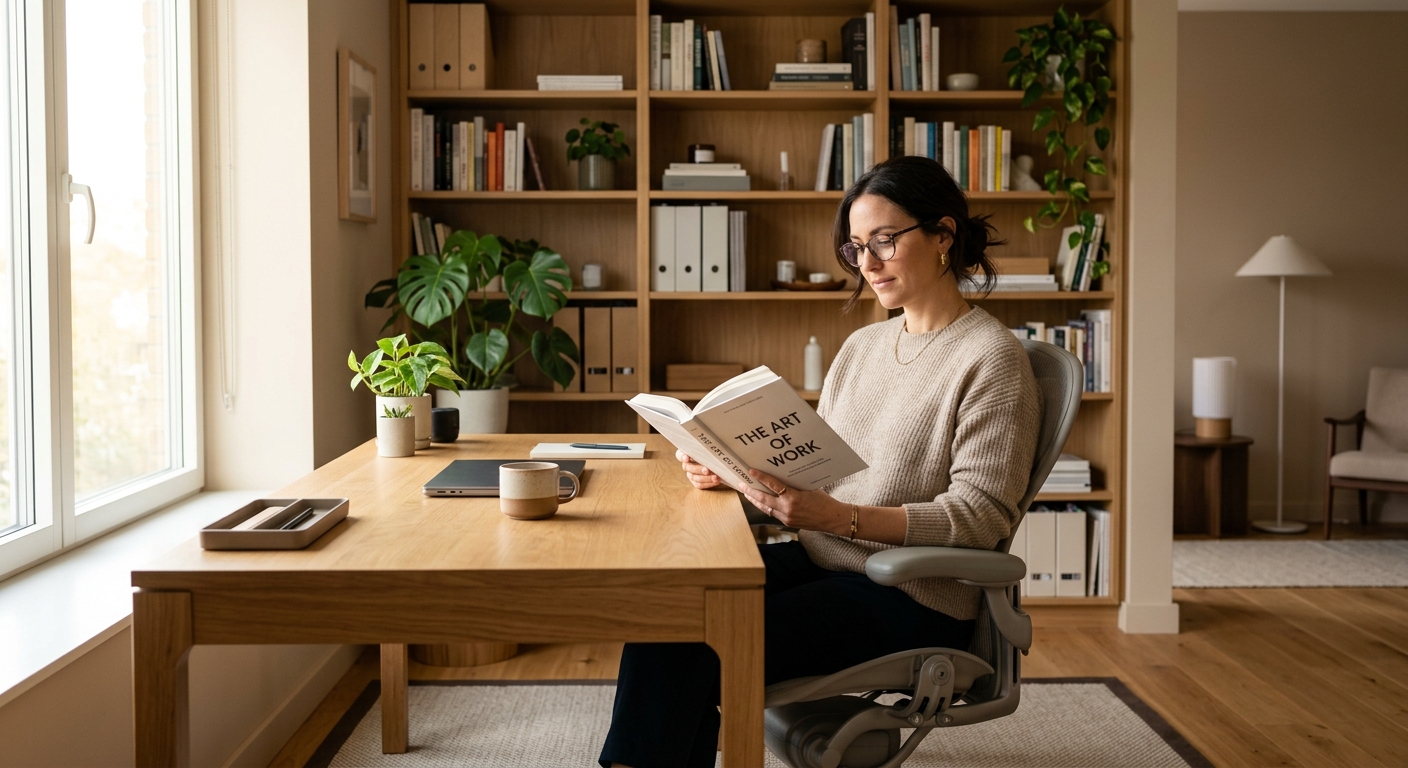 オフィスで読書する大人、自然光が差し込む落ち着いた雰囲気の中、背景に本棚がある。