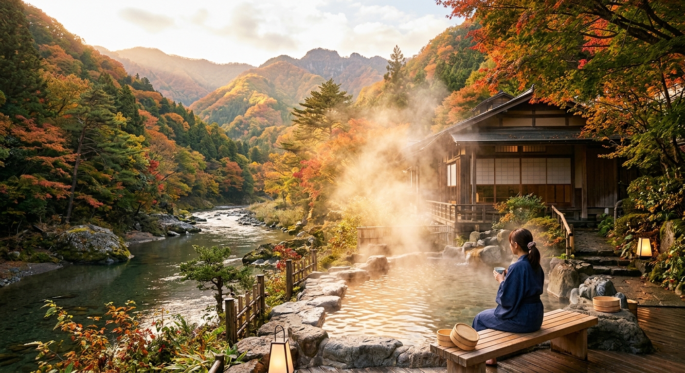 紅葉に囲まれた下部温泉の宿、朝日の中で湯気が立ち上る静かな風景。川が流れ、癒しの雰囲気。
