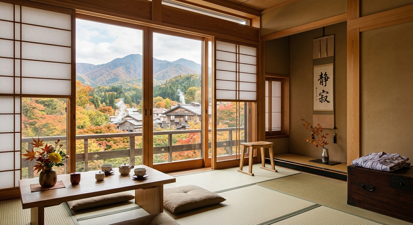 和風の温泉宿の一室、畳と障子、紅葉と山々が窓越しに見える。自然光が優しく差し込む落ち着いた空間。