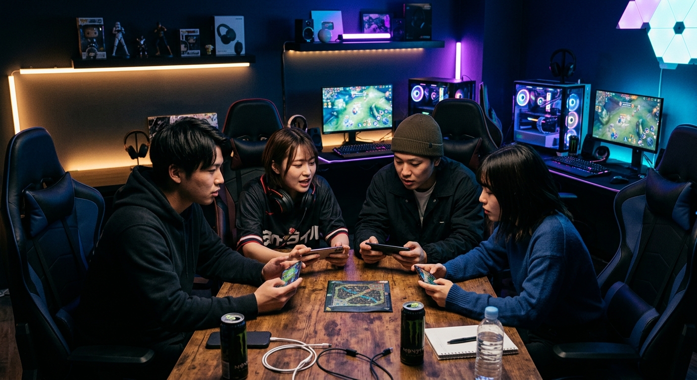 暗い部屋で若いゲーマーたちがスマホゲームに集中し、戦略を話し合う。モダンなゲーミングセットアップが背景に。