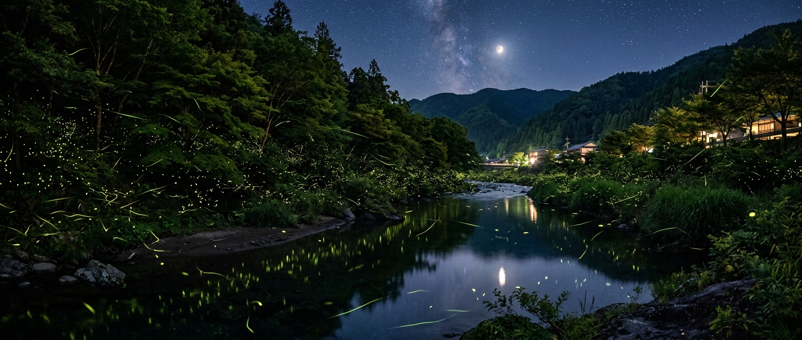 夜の下部温泉ほたる公園で、無数のほたるが飛び交い、幻想的な光景が広がる。