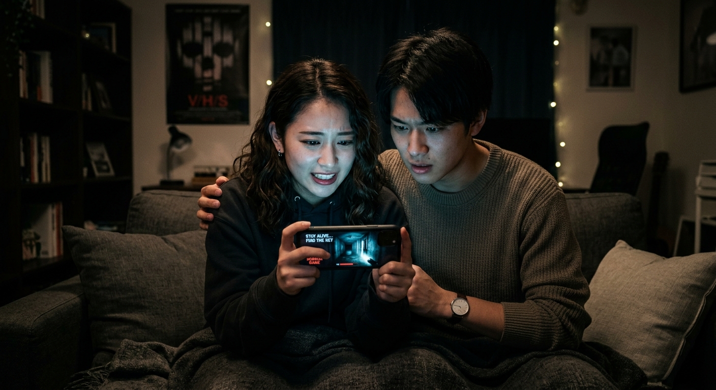 暗い部屋でホラーゲームをプレイする若い男女、スマートフォンの光が緊張感ある表情を照らす。
