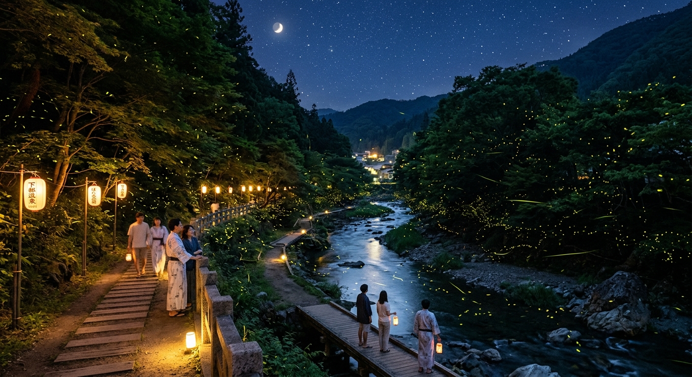 幻想的な夜の下部温泉ほたる公園、ほたるが舞い、月光が川沿いの風景を照らす。