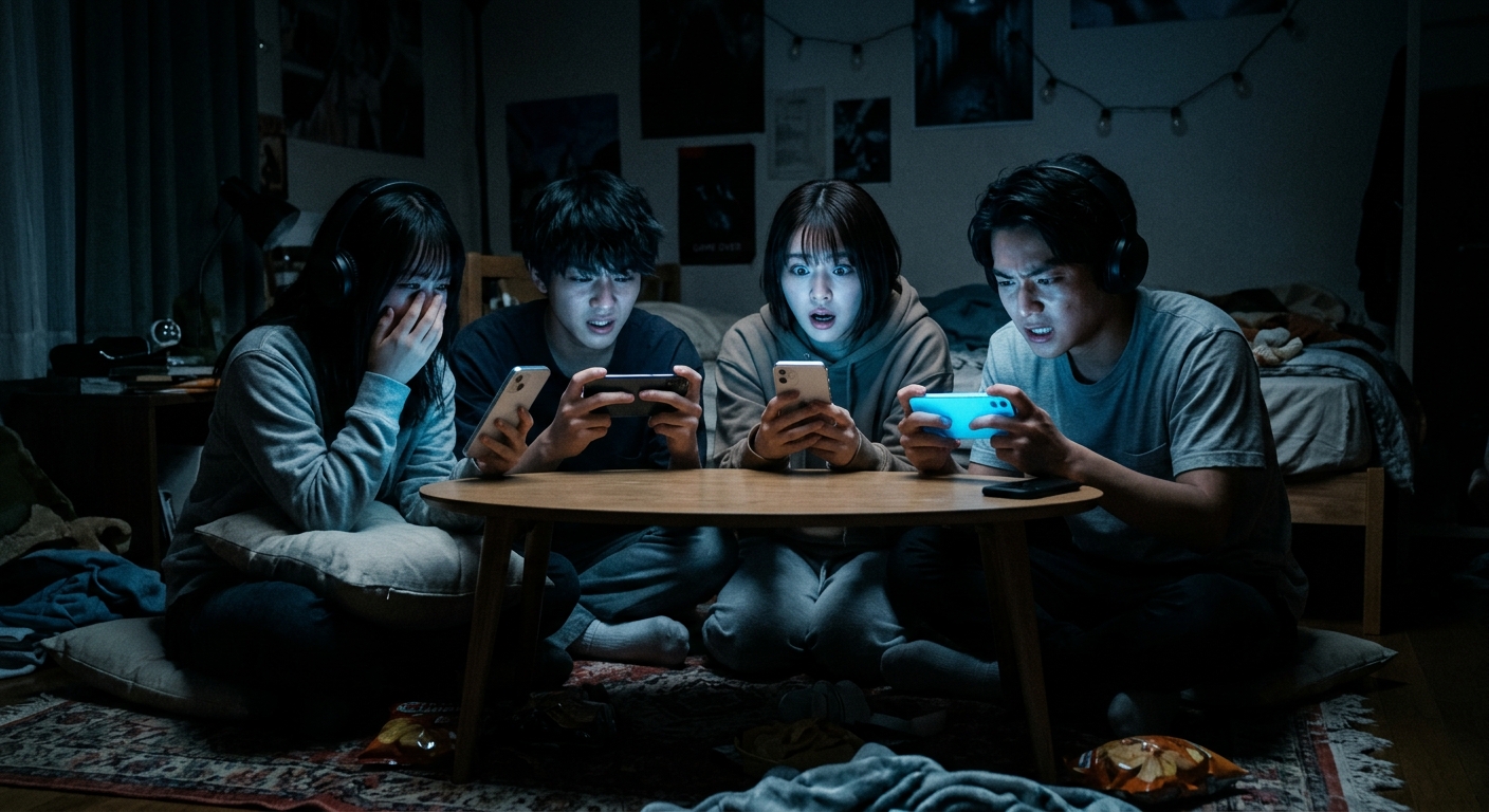 暗い部屋で若者たちがスマートフォンでホラーゲームをプレイし、緊張感と興奮が漂う。