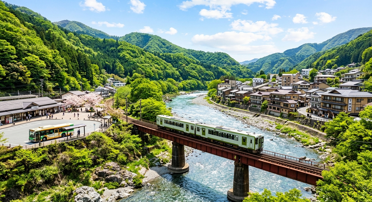 緑の山々と川を背景に、電車が橋を渡る風景。下部温泉街と駅前のバスが見える。