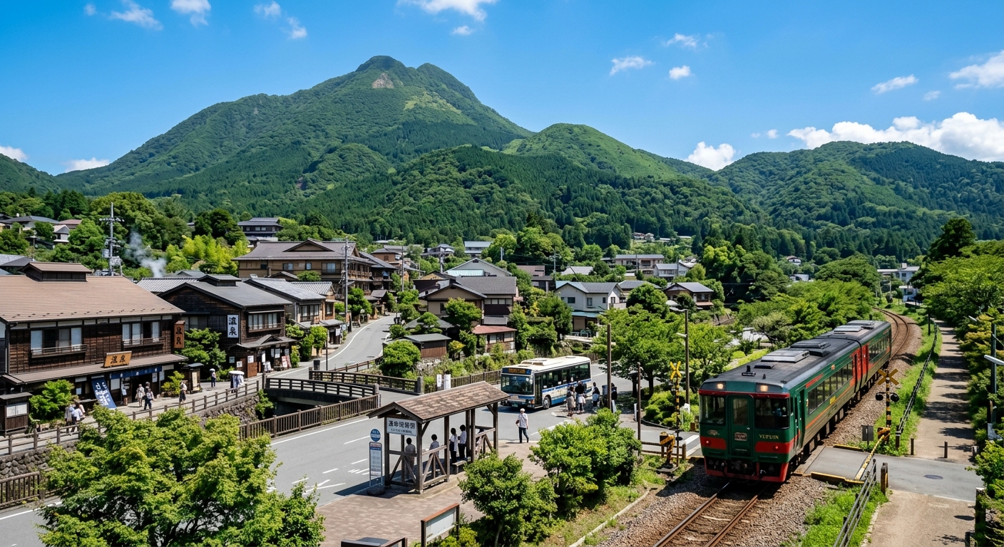 緑の山々に囲まれた温泉街、電車が走る鉄道線とバス停、青空の下で伝統的な建物が並ぶ風景。