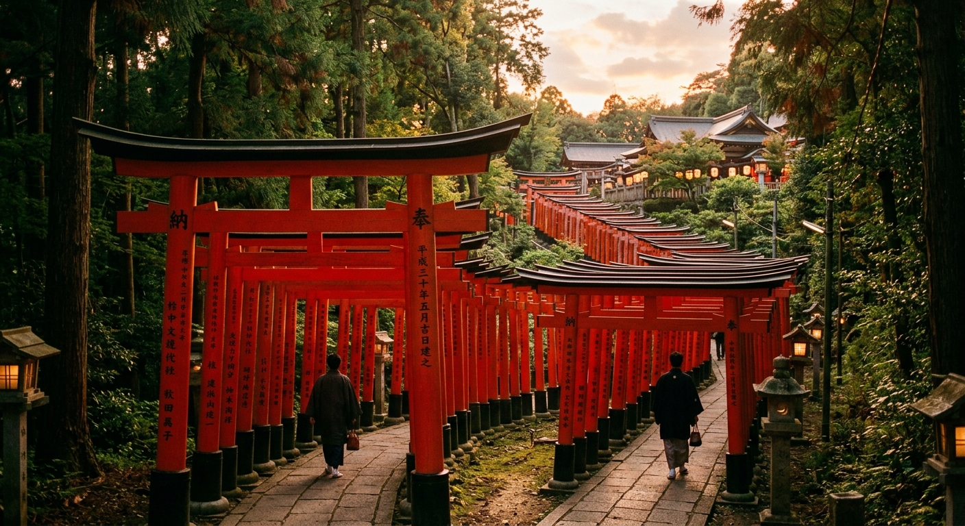 夕暮れの柔らかな光に包まれた赤い鳥居が連なる神社、豊かな緑が背景に広がる神秘的な風景。