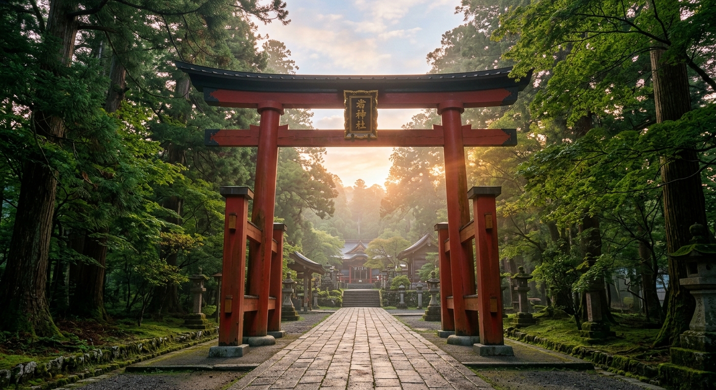 日の出の光に包まれた赤い鳥居と緑豊かな森が調和する荘厳な神社の風景。