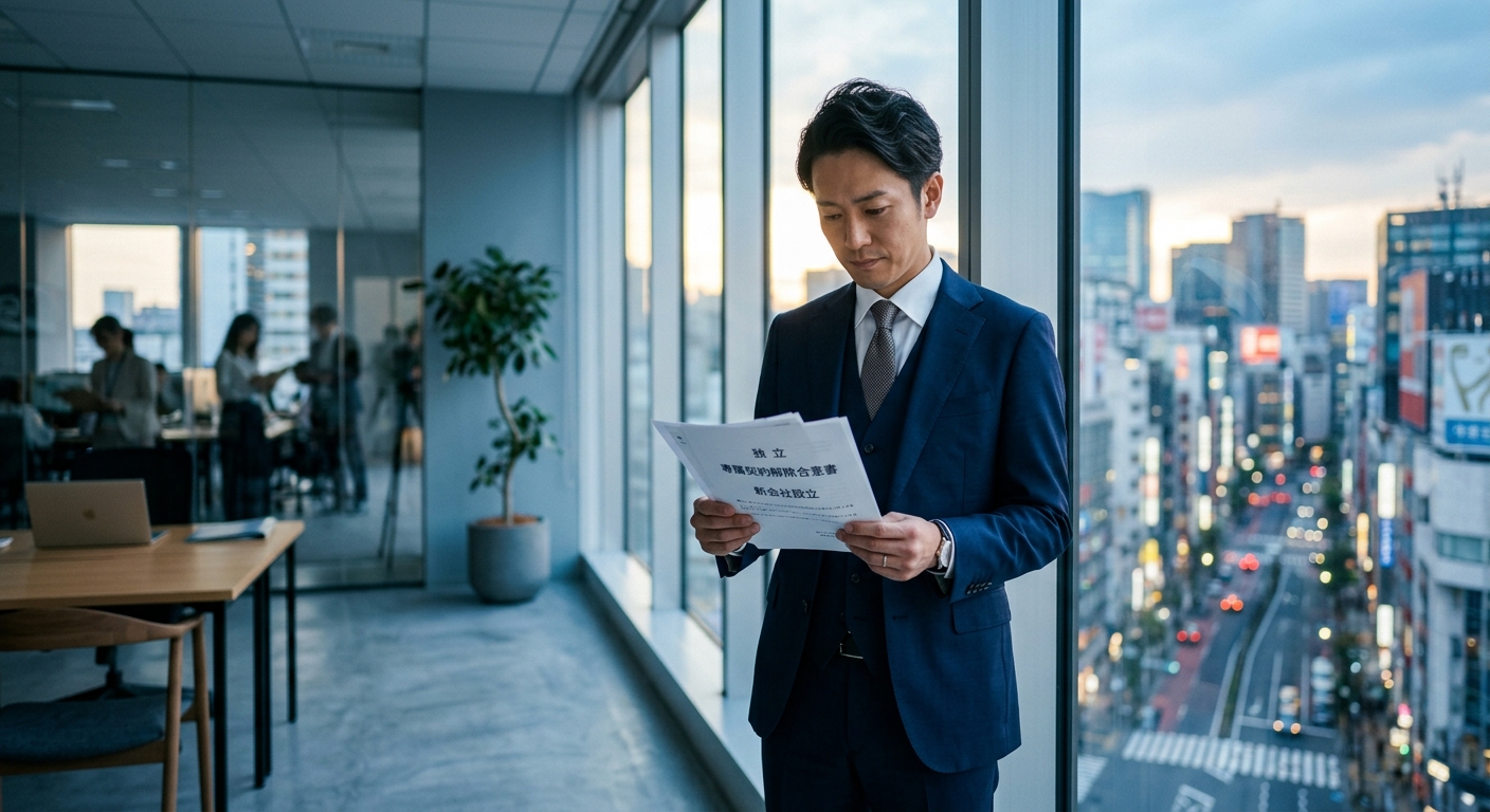 ビジネススーツの人物が契約書を見つめ考え込む、都会のオフィス内のシーン。