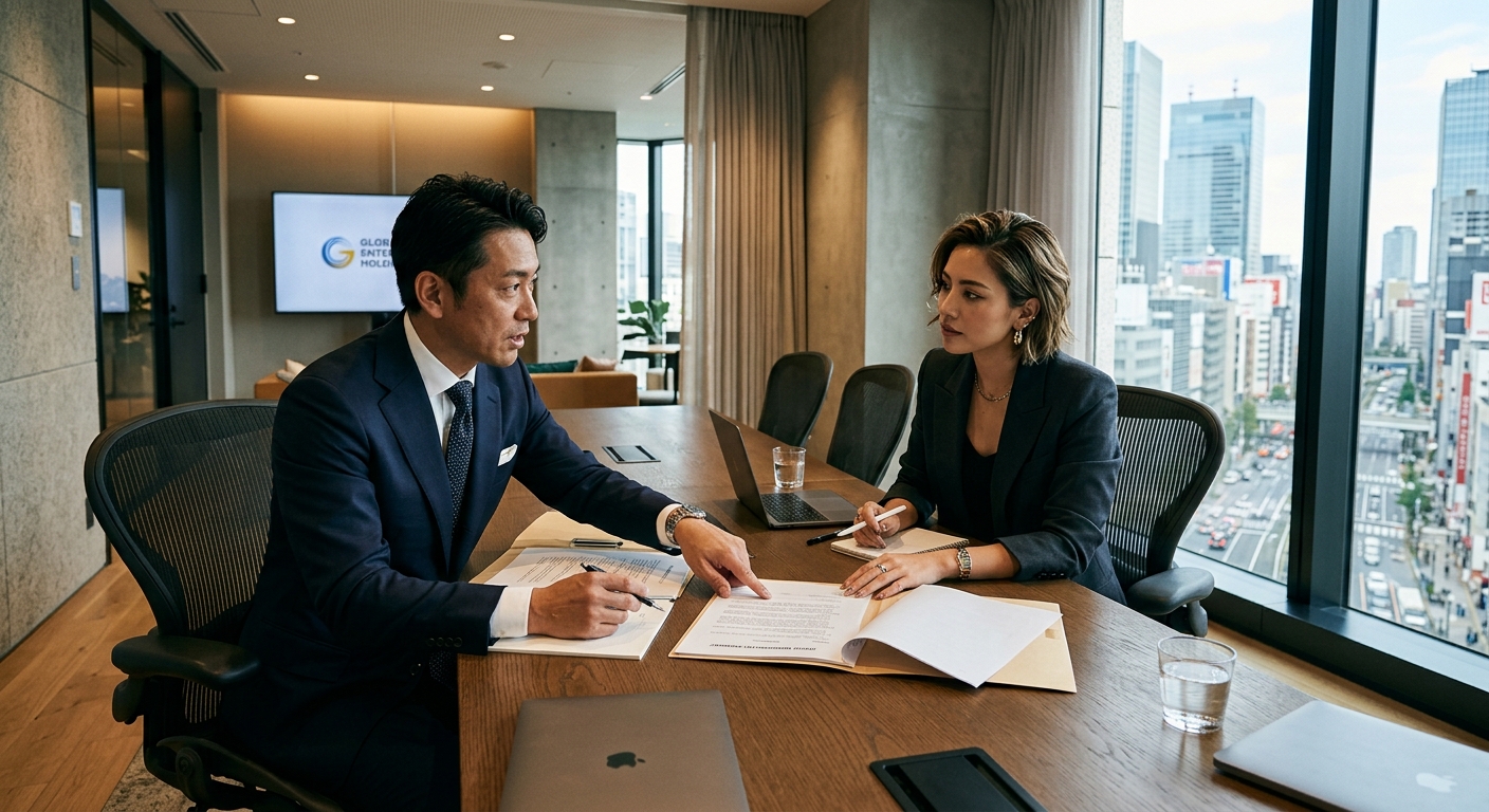自然光が差し込むオフィスの会議室で、スーツ姿のビジネスマンとエンタメ業界の人物が契約書類を前に話し合う。