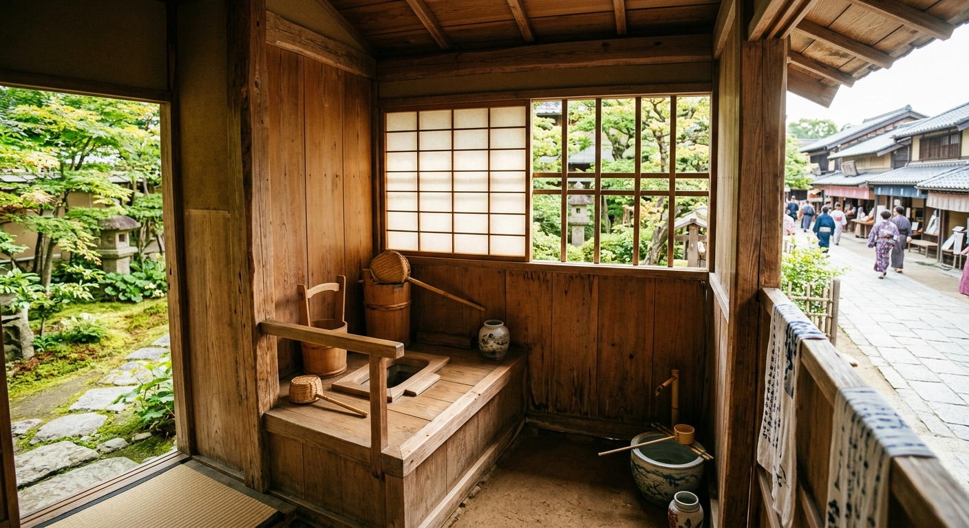 江戸時代の町並み背景に、伝統的日本家屋のトイレ内観。木製構造と自然素材の調度品、温かみある雰囲気。