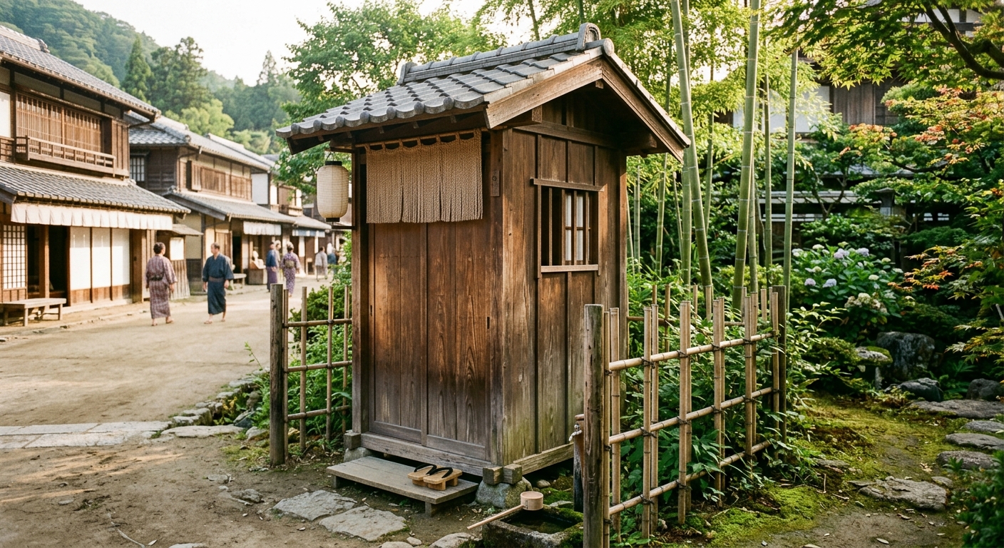 江戸時代の町並みを背景にした和式トイレ、朝の光が差し込み、竹垣と町屋が調和するノスタルジックな風景。