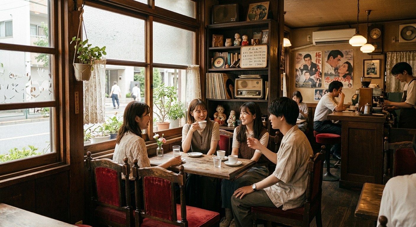 昭和レトロのカフェで、セピアトーンの温かい雰囲気。木製家具とヴィンテージ装飾が調和。
