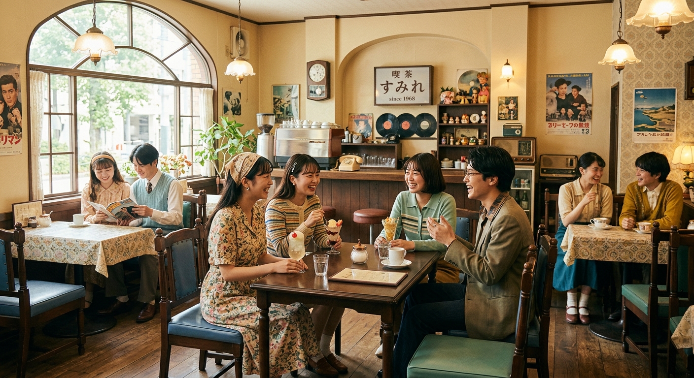 昭和レトロなカフェで若者たちがリラックスし、ヴィンテージ家具とパステルカラーがノスタルジックな雰囲気を演出。