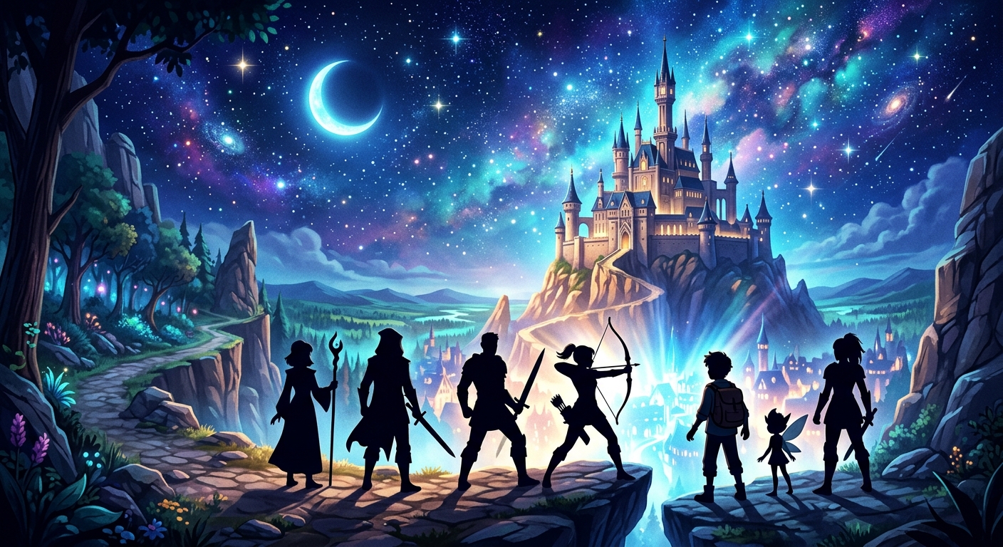 幻想的な夜空を背景に、荘厳な城とキャラクターのシルエットが並ぶ美しいシーン。