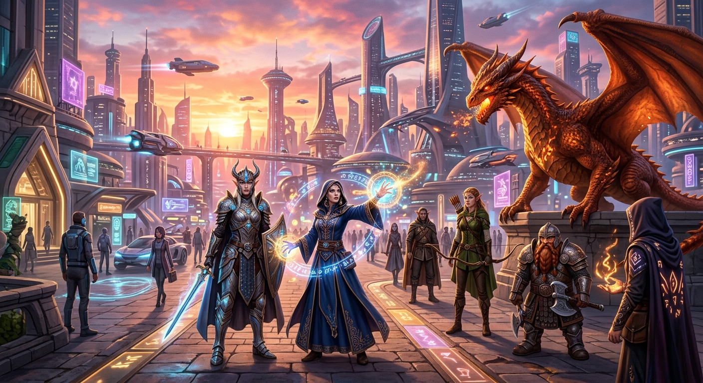 異世界ファンタジーキャラクターが集う未来都市、夕焼けの幻想的な光がリアルな細部で描かれる。