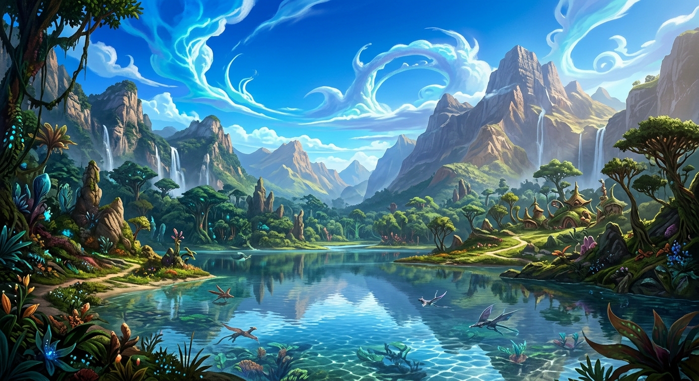 幻想的な異世界の風景、青空に奇妙な雲、壮大な山々と緑の森林、神秘的な湖に動植物の影が映る。