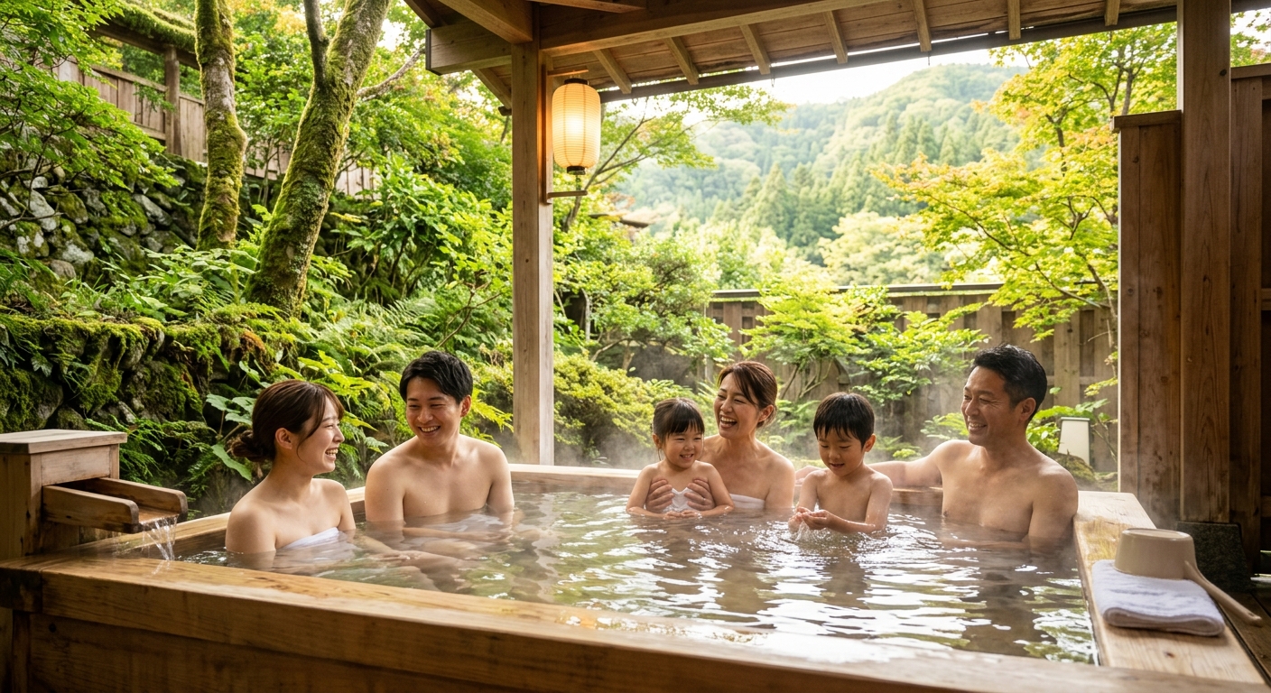 木製の風呂場でカップルと家族が貸切温泉を楽しむ、自然光と湯気が漂うリラックスしたシーン。