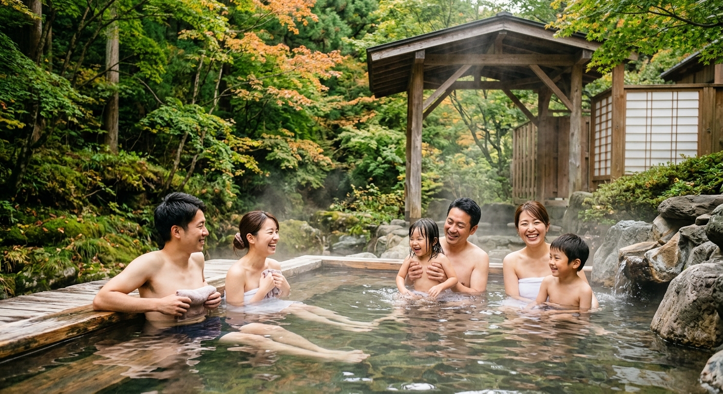 カップルと家族が楽しむ下部温泉の露天風呂、緑豊かな木々と湯気がリラックスした雰囲気を演出。
