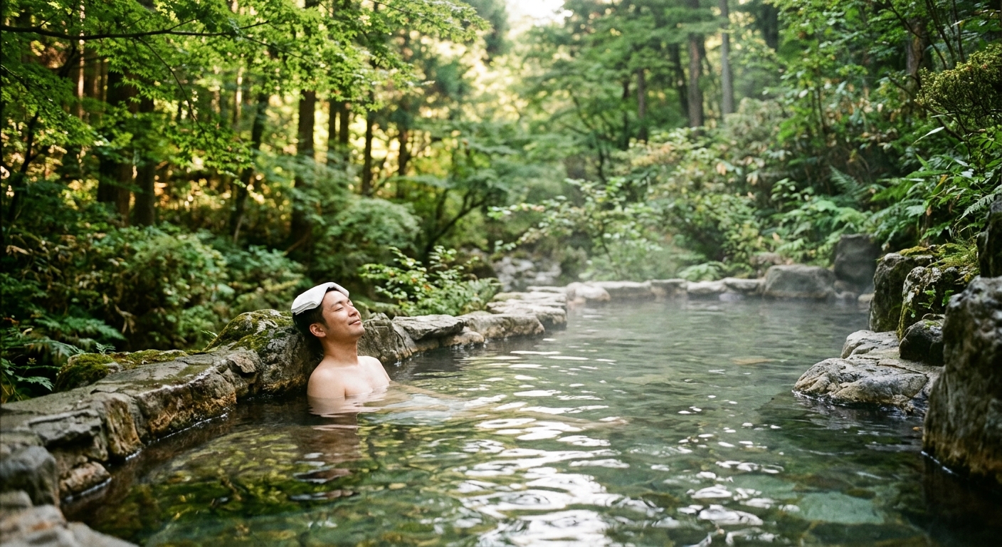 朝の光が差し込む森の中で、下部温泉のぬる湯に浸る人々。湯気が立ち上り、緑豊かな自然に包まれる。