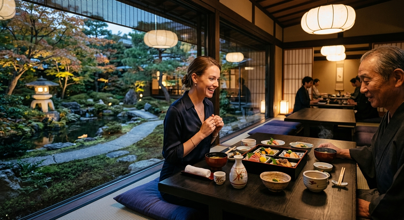 和風建築の高級レストランで、日本庭園を望むテーブルに和食と茶道具が並ぶ。