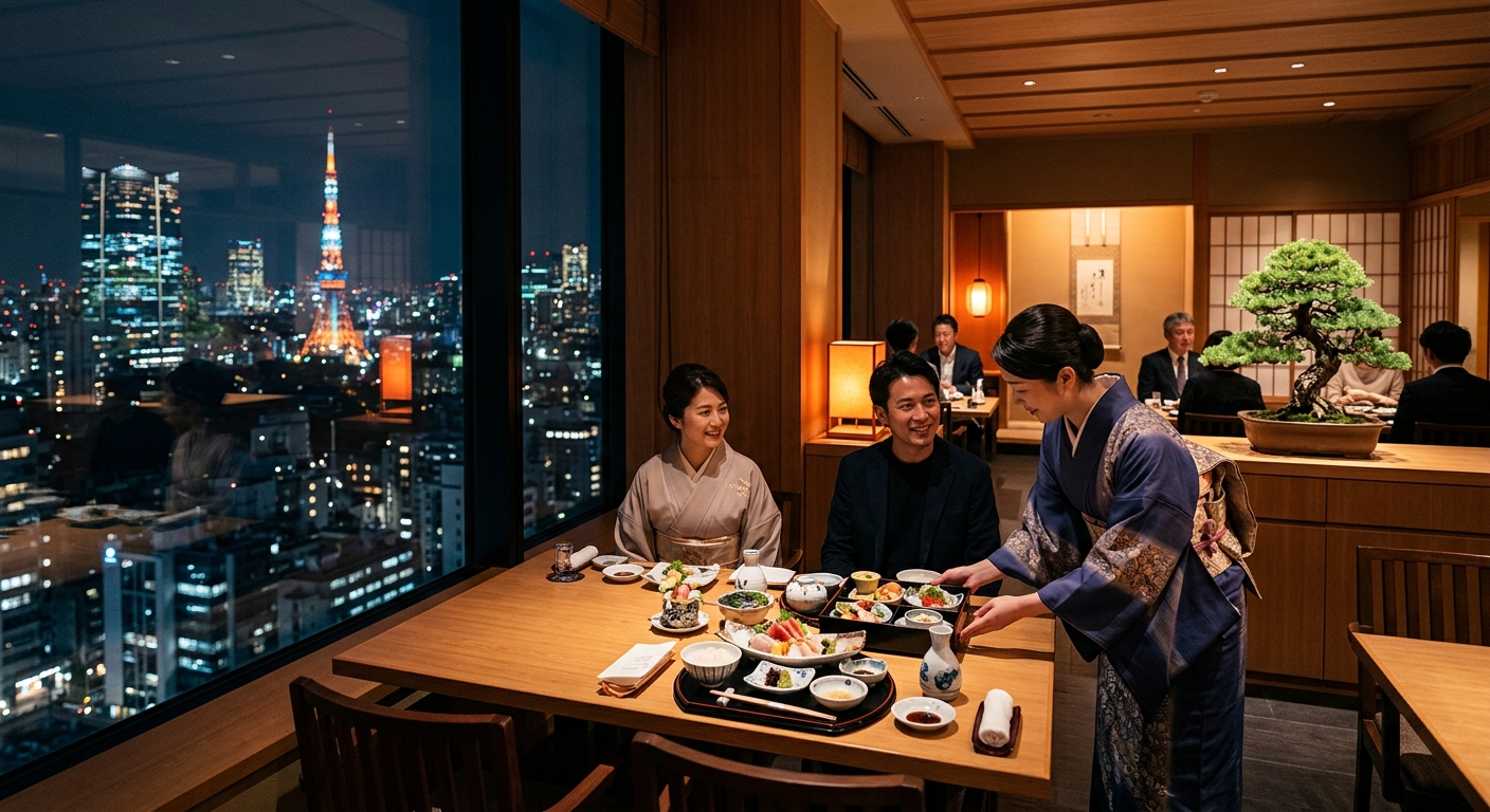 高級レストランの内部、東京の夜景が見える窓、和服のスタッフが和食を提供、落ち着いた雰囲気。