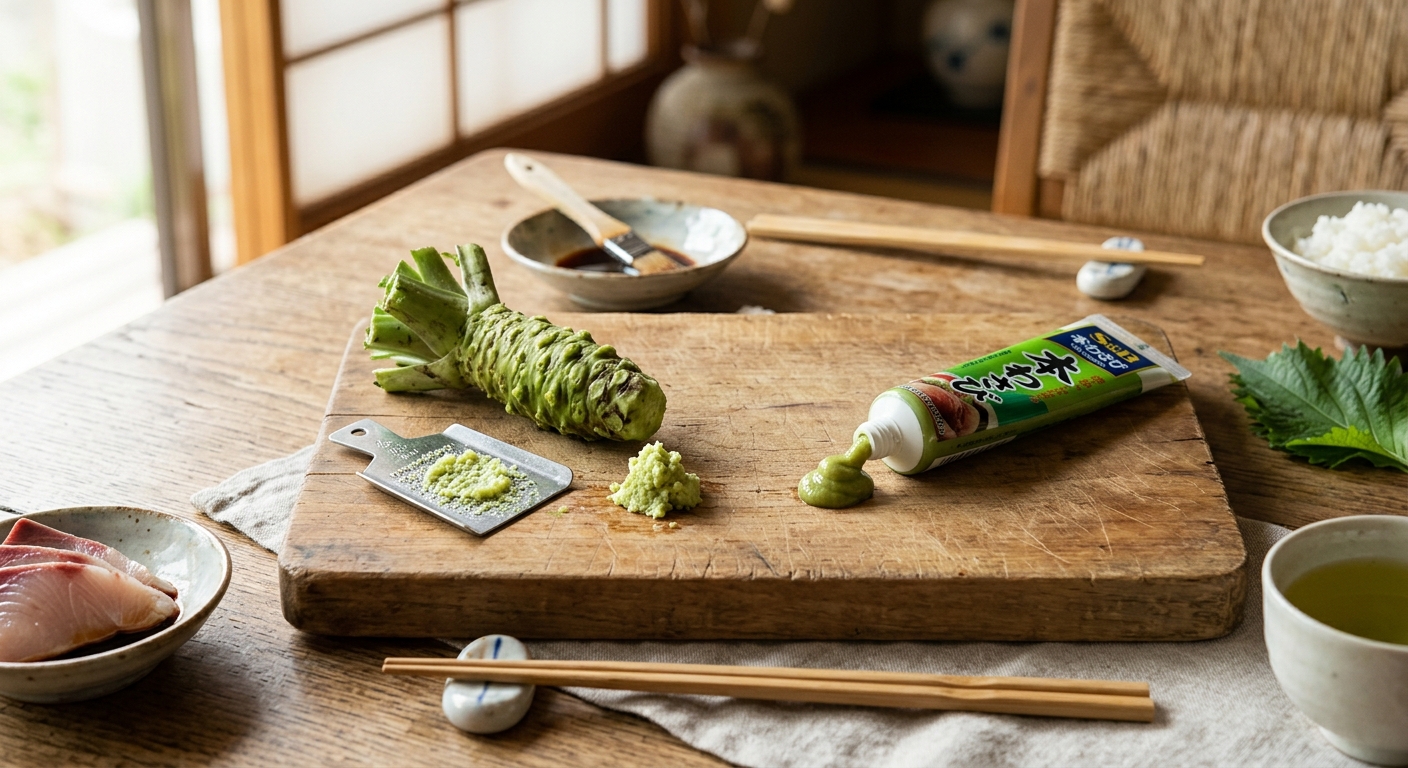 木製ボード上に新鮮な本わさびとチューブわさびが並ぶ、日本の食文化を象徴するシーン。