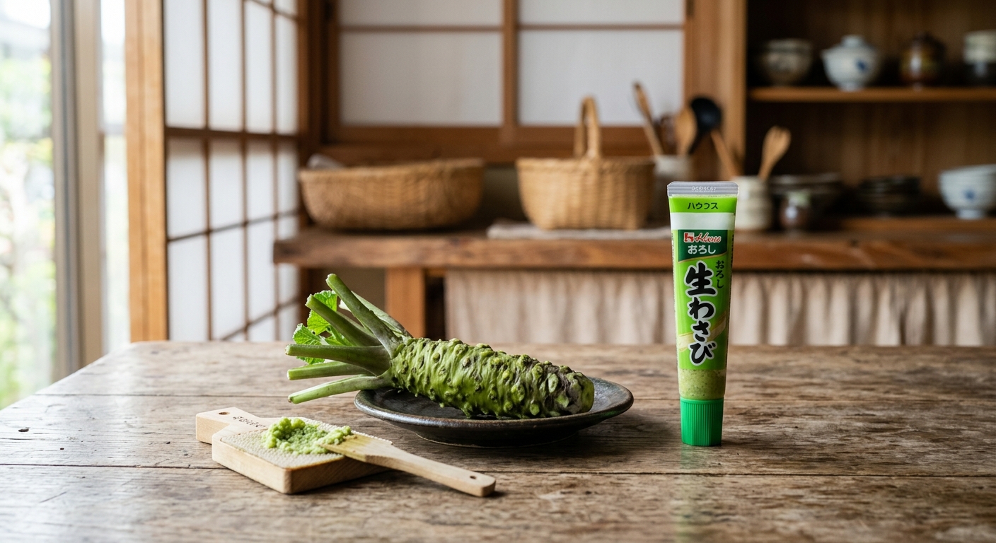 木製テーブルに本わさびの根とチューブわさび、和風キッチン背景。自然光が素材の質感を強調。