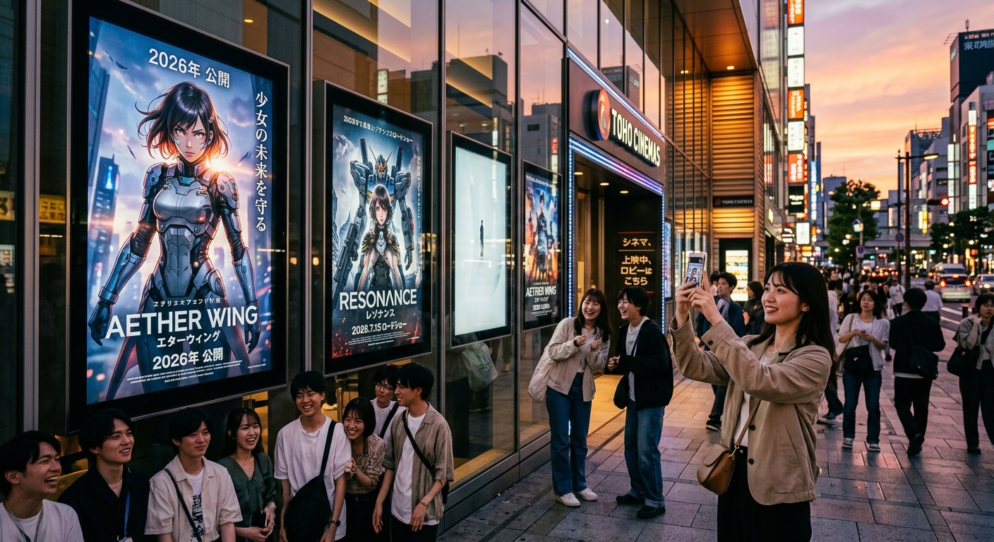 未来的な映画ポスターが並ぶ2026年の日本の映画館で、観客が期待に満ちた表情でポスターを見つめる。