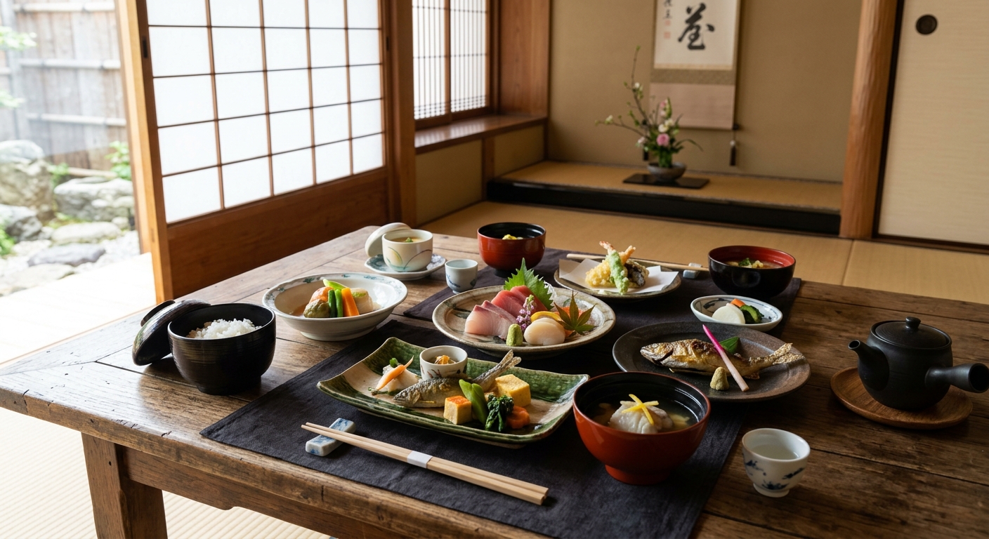 和風の部屋で自然光が差し込む中、懐石料理と会席料理が美しく並ぶ上品な食卓シーン。